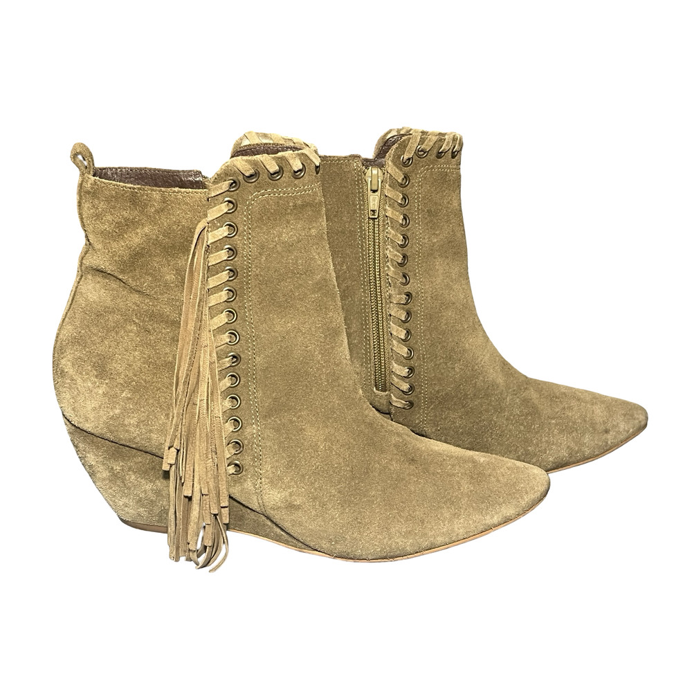 Matisse‎ Sissy Boots Womens Size 8.5 39 Beige Suede Ankle Fringe Wedge Booties